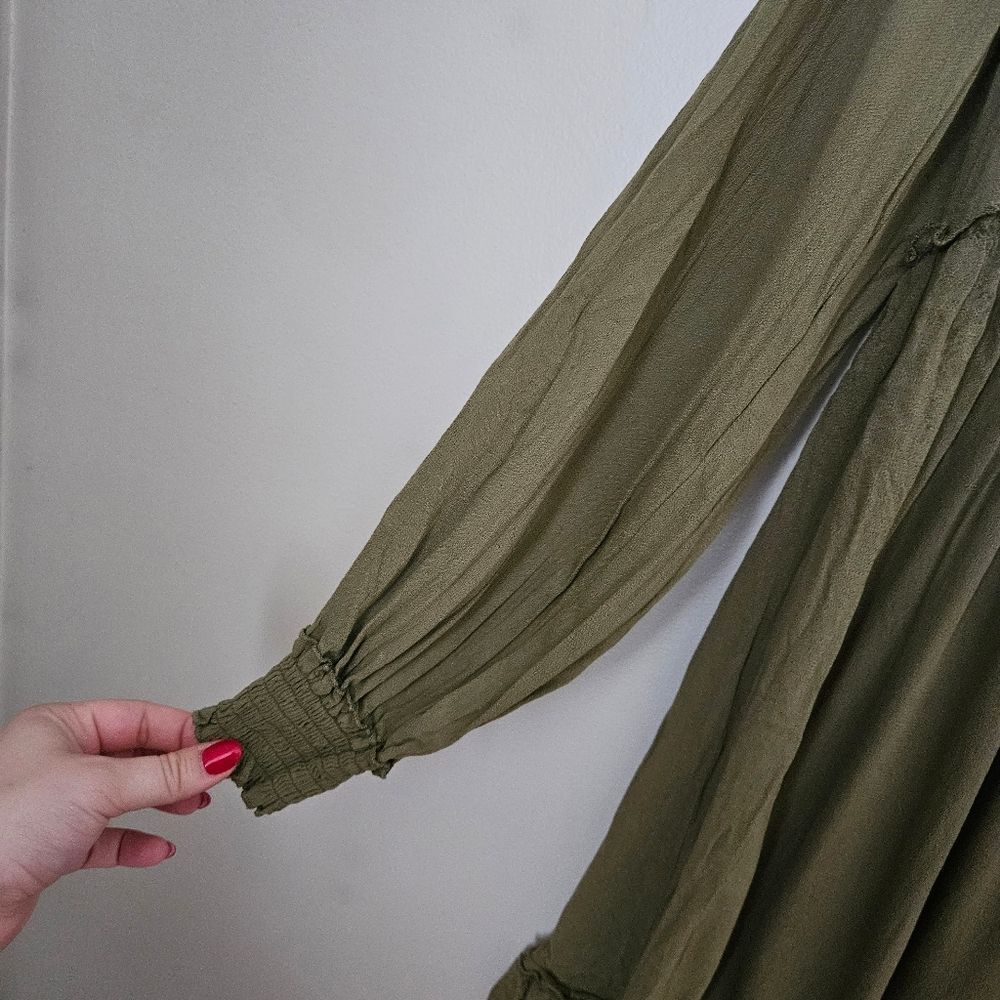 Divided Dress Long Sleeve H&M Green Mini V-Neck Tassels Casual Viscose Neutral - Picture 4 of 11